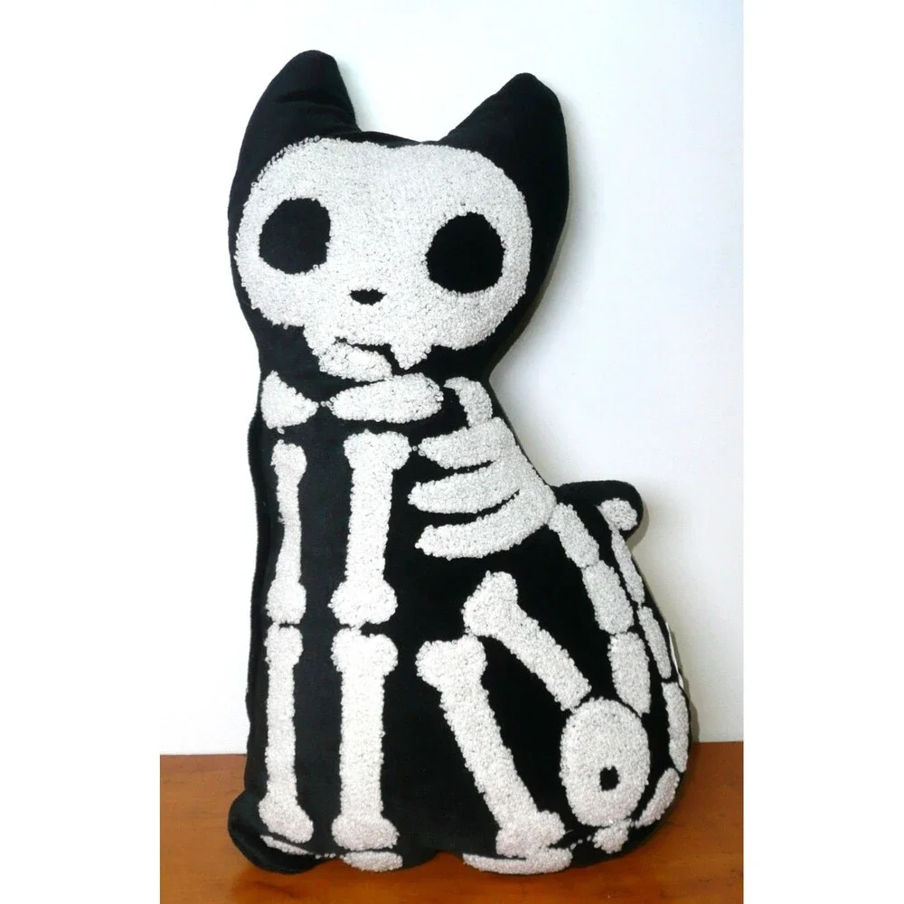 Halloween Cat Skeleton Throw Pillow Black White Spooky Season Decor